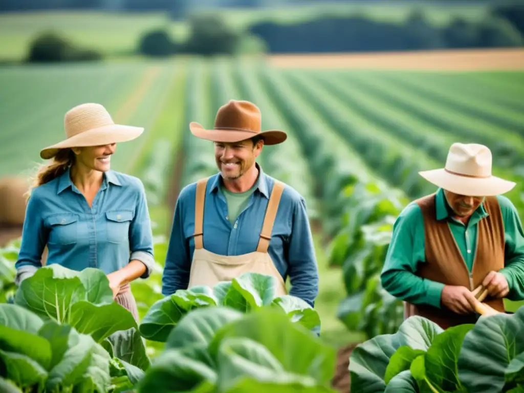 Prácticas agrícolas sostenibles en Norteamérica Grupo de agricultores de América del Norte trabajando en prácticas sostenibles, demostrando la importancia de los permisos ambientales para agricultores en América del Norte