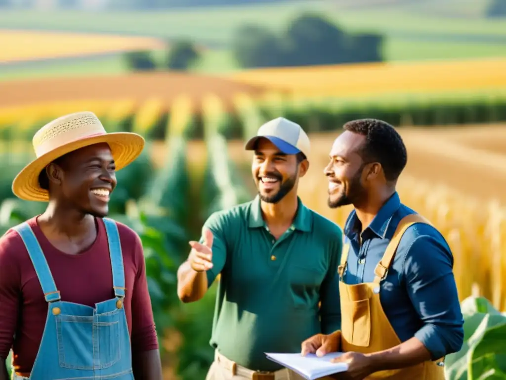 Emprendimiento agrícola: diversidad y colaboración en el campo Un grupo de agricultores diversos discute oportunidades de inversión y examina documentos para emprendimientos rurales