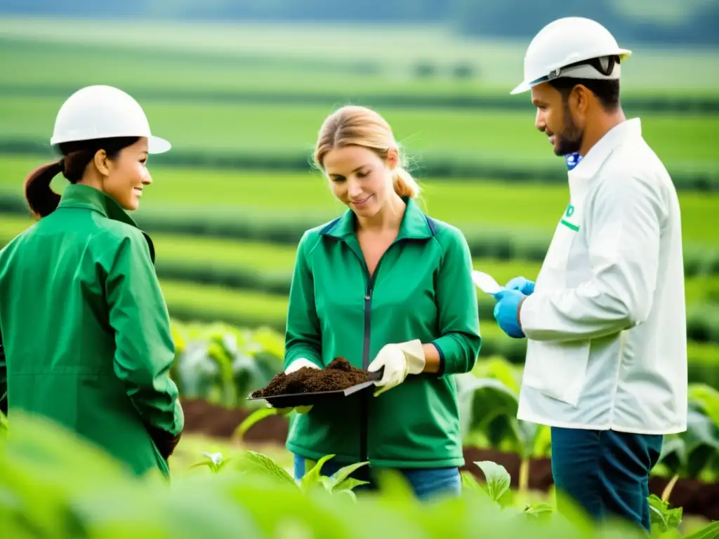 Inspección bioseguridad: agricultores orgánicos en acción Grupo de agricultores orgánicos discutiendo medidas de bioseguridad y legislación en un campo exuberante de Oceanía