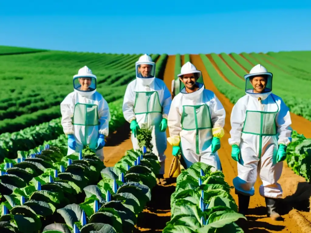 Bioseguridad y agricultura orgánica en Oceanía Grupo de agricultores orgánicos en Oceanía aplicando legislación bioseguridad en hermosos campos verdes bajo cielo azul claro