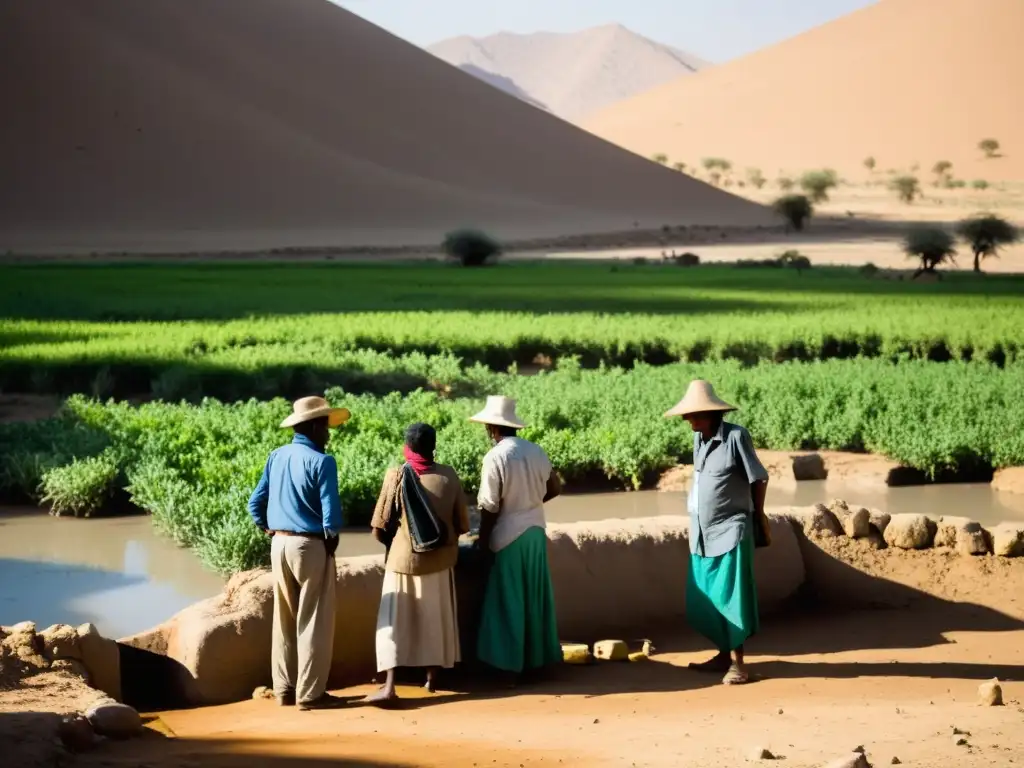 Conversaciones de supervivencia: gestionando el agua en la sequía Un grupo de agricultores se reúne alrededor de un pozo comunal, discutiendo estrategias de riego