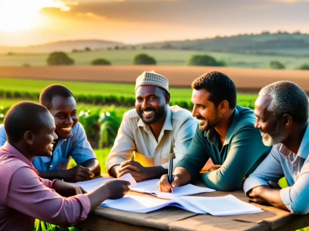 Reunión de agricultores al atardecer: esperanza y colaboración Grupo de agricultores rurales colaborando en proyecto agrícola al atardecer