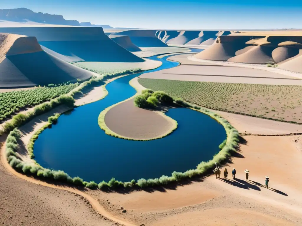 Trabajadores del campo debaten sobre riego y agua en tierras áridas Un grupo de agricultores discute técnicas de riego junto al río en un paisaje árido