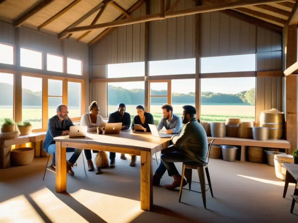 Reunión de Emprendedores Rurales: Fusión Tradicional y Moderna Un grupo diverso de agricultores y emprendedores se reúne en un granero rústico, intercambiando ideas sobre plataformas crowdfunding proyectos rurales