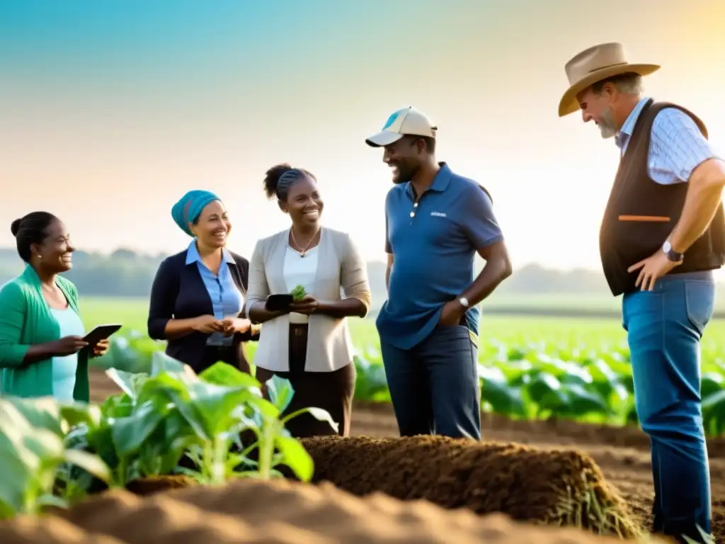Conversación sostenible: agricultores y expertos colaboran en el campo Un grupo diverso de agricultores y expertos agrícolas se reúnen en un campo soleado para discutir prácticas de inversión participativa en agricultura
