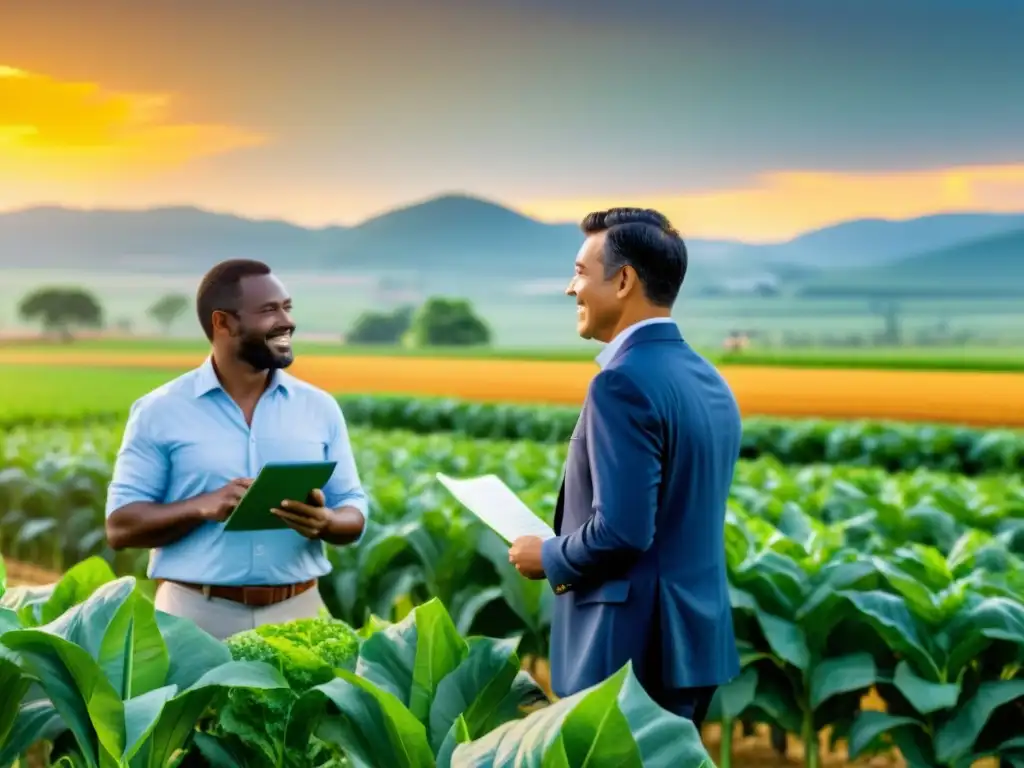 Inversión agrícola colaborativa: diversidad, crecimiento y éxito Un grupo diverso de agricultores e inversores colaboran en un campo verde exuberante, discutiendo estrategias de inversión participativa en agricultura bajo la cálido sol