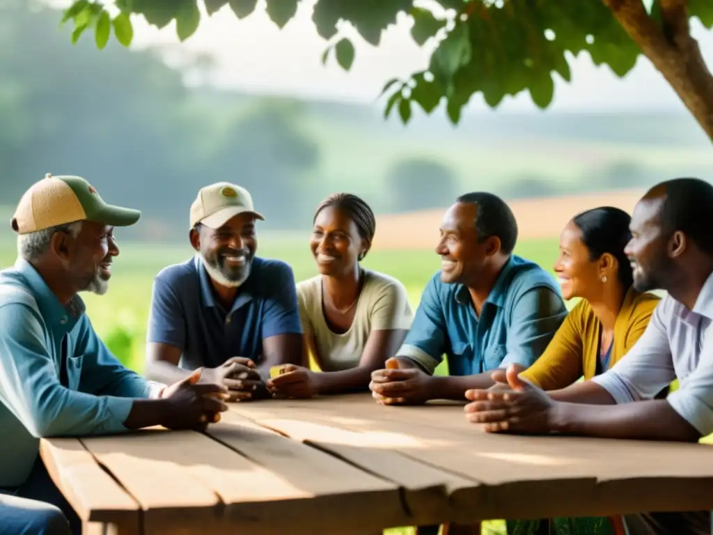 Conversación colaborativa entre agricultores y mediadores en entorno rural Un grupo diverso de agricultores y mediadores se reúnen en una escena rural, discutiendo animadamente bajo la cálido luz del sol
