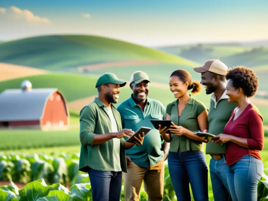 Cooperación en el campo: plataforma de crowdfunding agrícola Grupo diverso de agricultores y miembros de la comunidad colaborando en un campo soleado, discutiendo sobre las ventajas del crowdfunding para emprendimientos rurales