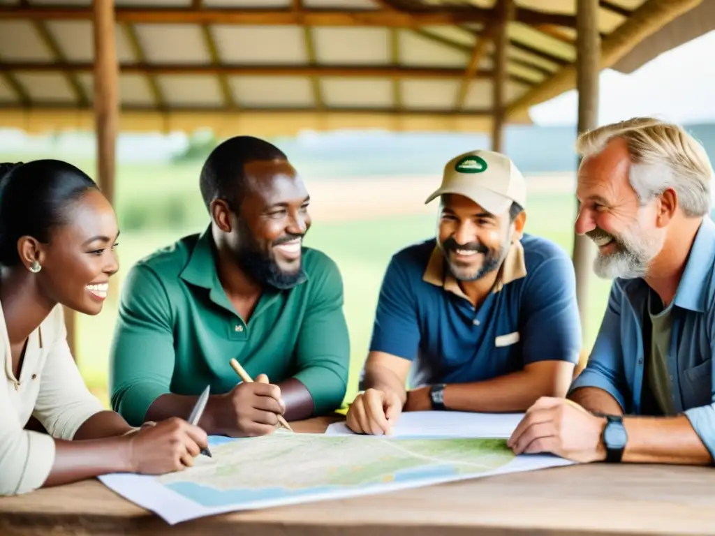 Emprendedores rurales colaborando: Estrategias de crowdfunding Grupo diverso de emprendedores rurales discuten estrategias de crowdfunding