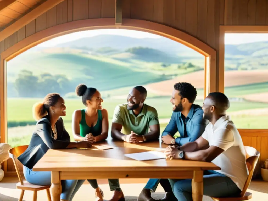Emprendedores rurales colaboran en un ambiente cálido y motivador Un grupo de emprendedores rurales diverso, colaborando y compartiendo ideas en un entorno rural