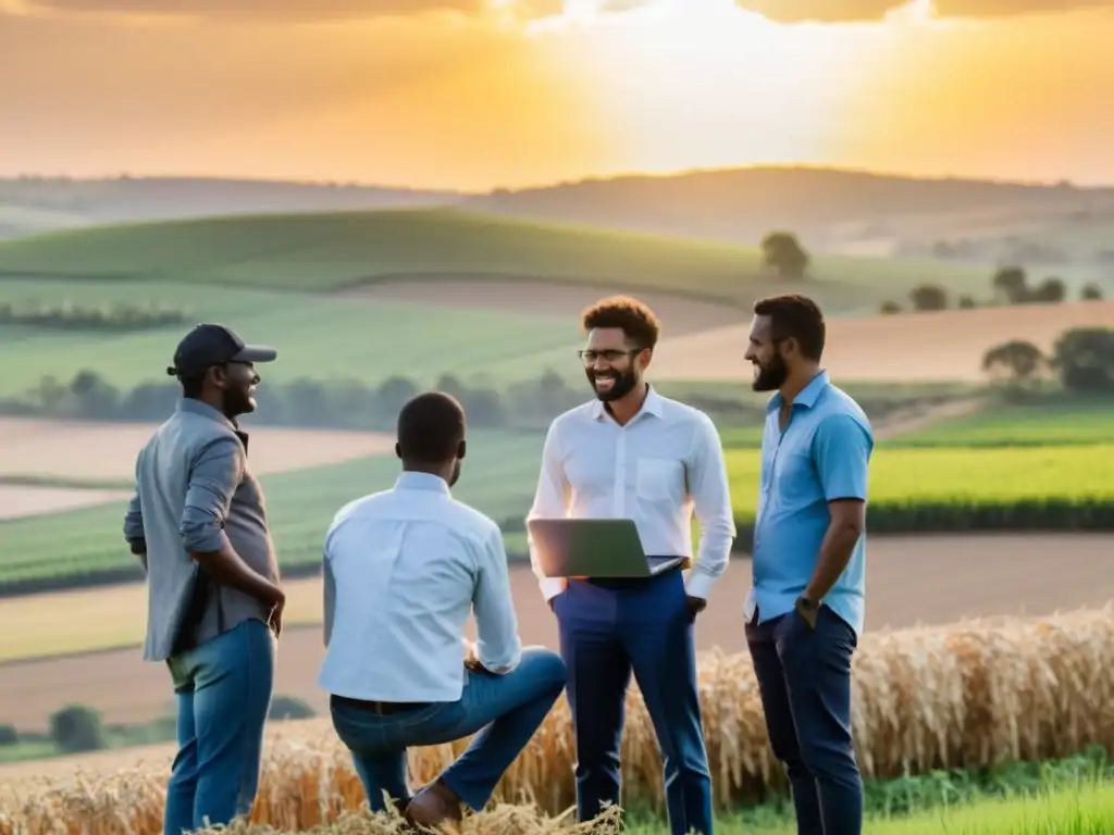 Emprendedores rurales planeando su futuro al atardecer Grupo de emprendedores rurales planificando estrategias de crowdfunding al atardecer