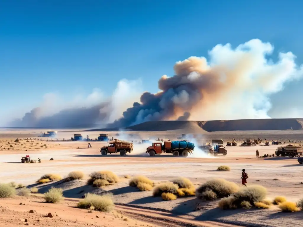 Contraste entre la vida tradicional y la industrialización en África Grupo indígena junto al fuego en vasto paisaje africano contrastando con camiones