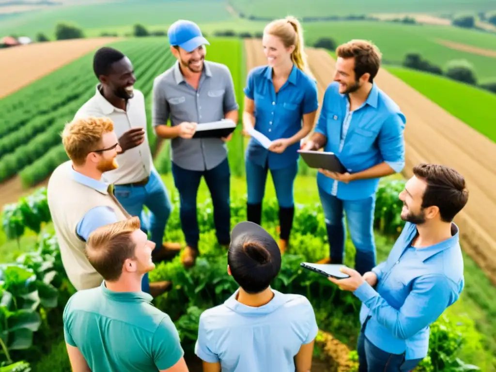 Jóvenes agricultores colaborando en un campo soleado Un grupo de jóvenes agricultores se reúnen en un campo soleado, compartiendo ideas y técnicas agrícolas