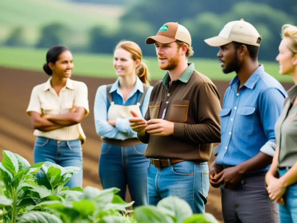 Jóvenes agricultores aprendiendo de un mentor en el campo Un grupo de jóvenes agricultores escuchando atentamente a un mentor experimentado en un campo soleado