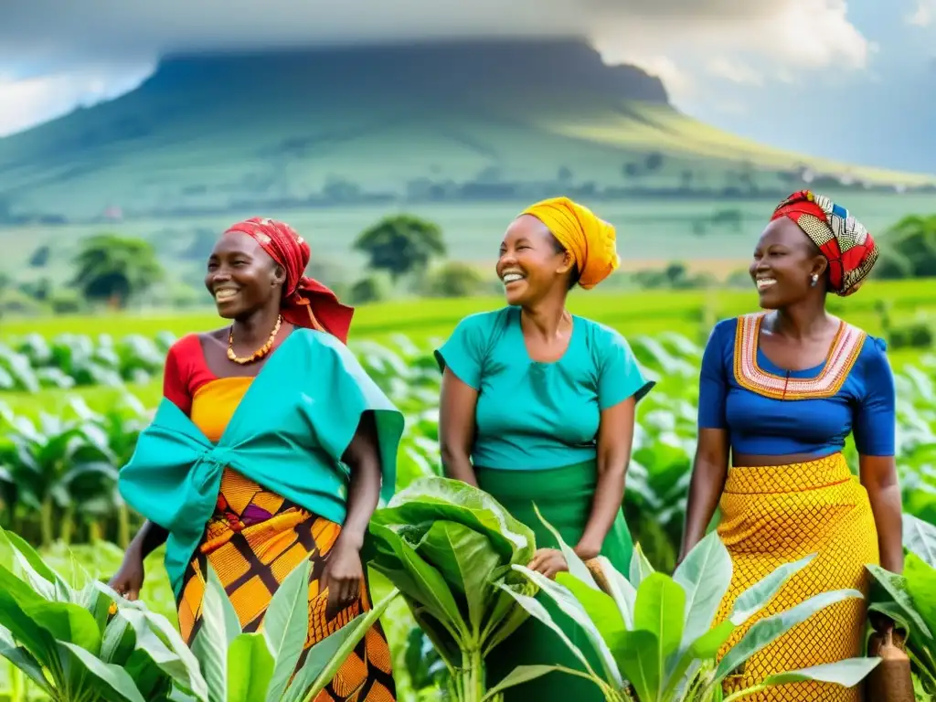 Empoderamiento femenino en la agricultura africana Un grupo de mujeres agricultoras africanas viste ropa tradicional, trabajando juntas en un campo verde exuberante bajo el cálido sol