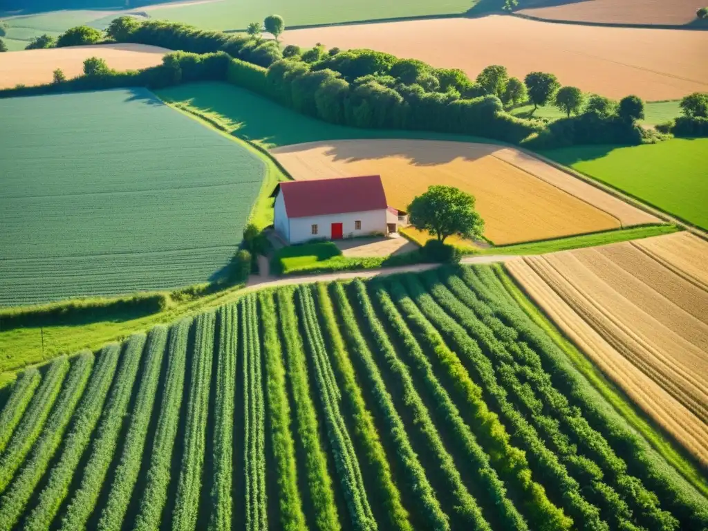 Escena rural serena con granja y campos de cultivo Un idílico paisaje rural con cultivos y ganado, un granjero trabajando y una granja al fondo