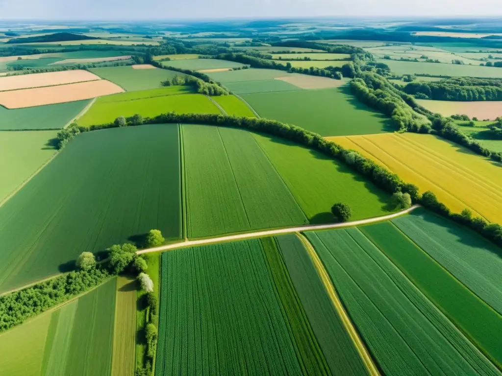 Espléndida granja rural: verde expansivo y río serpenteante Imagen aérea de una granja rural con campos verdes, río serpenteante, bosques y granjas dispersas