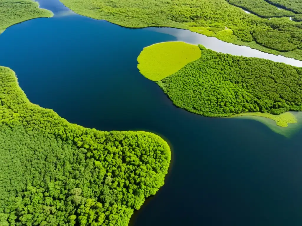 Espléndido humedal mexicano: belleza natural y biodiversidad Imagen aérea de humedal expansivo en México, con red de agua, vegetación exuberante y vida silvestre diversa