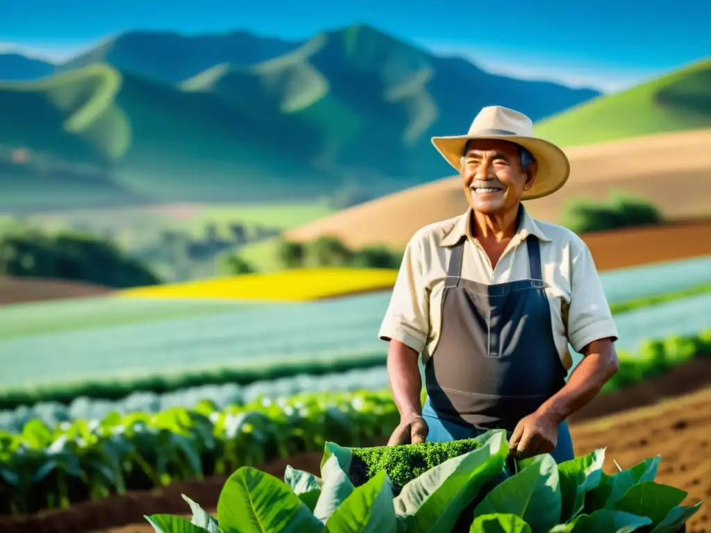 Campesino latino aplicando fertilizante orgánico en campos verdes Imagen de un agricultor latinoamericano aplicando fertilizante orgánico en sus campos verdes, rodeado de colinas y cielos azules