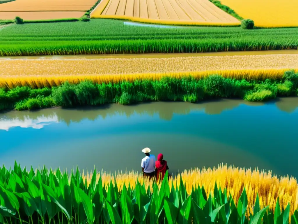Conversación en campos de trigo: tensiones y mediación Imagen de mediación de conflictos en el sector agrario, muestra un paisaje agrícola bañado por el sol, campos de trigo dorado y un río reluciente