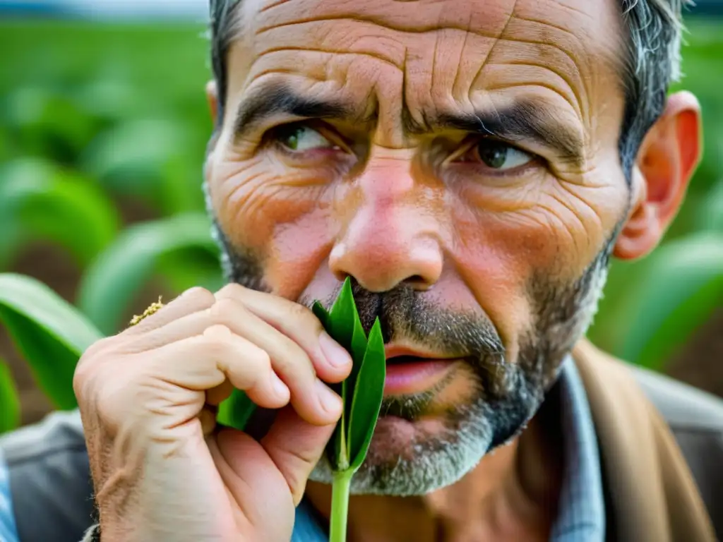 Granja afectada por clima extremo: inspección detallada Imagen impactante de un granjero inspeccionando un campo de cultivo con preocupación, mostrando los daños por condiciones climáticas extremas