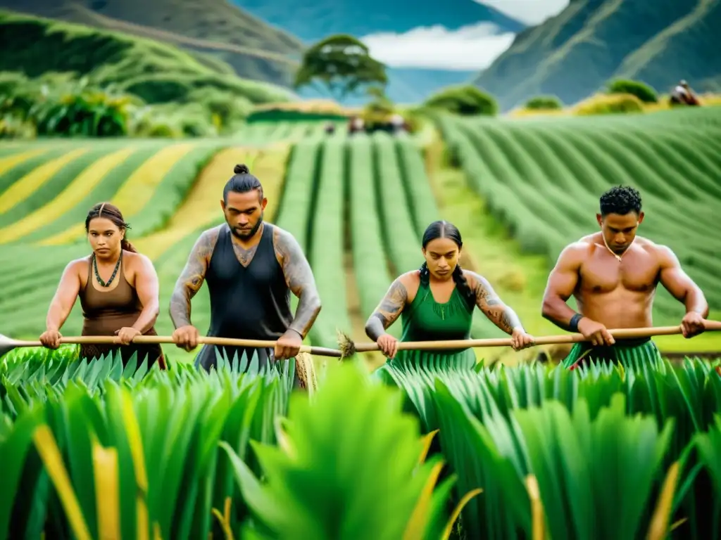 Tradicional cultivo Maorí en Nueva Zelanda: Conexión profunda con la tierra Imagen impactante de prácticas agrarias de pueblos originarios en Nueva Zelanda, con agricultores maoríes trabajando en campos exuberantes