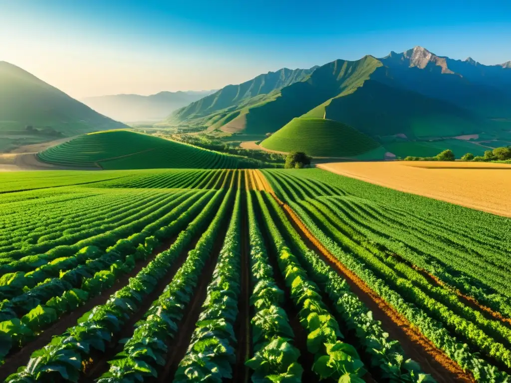 Espléndido paisaje agrícola con montañas al fondo Imagen de un paisaje agrícola amplio y detallado, con campos verdes, montañas y agricultores