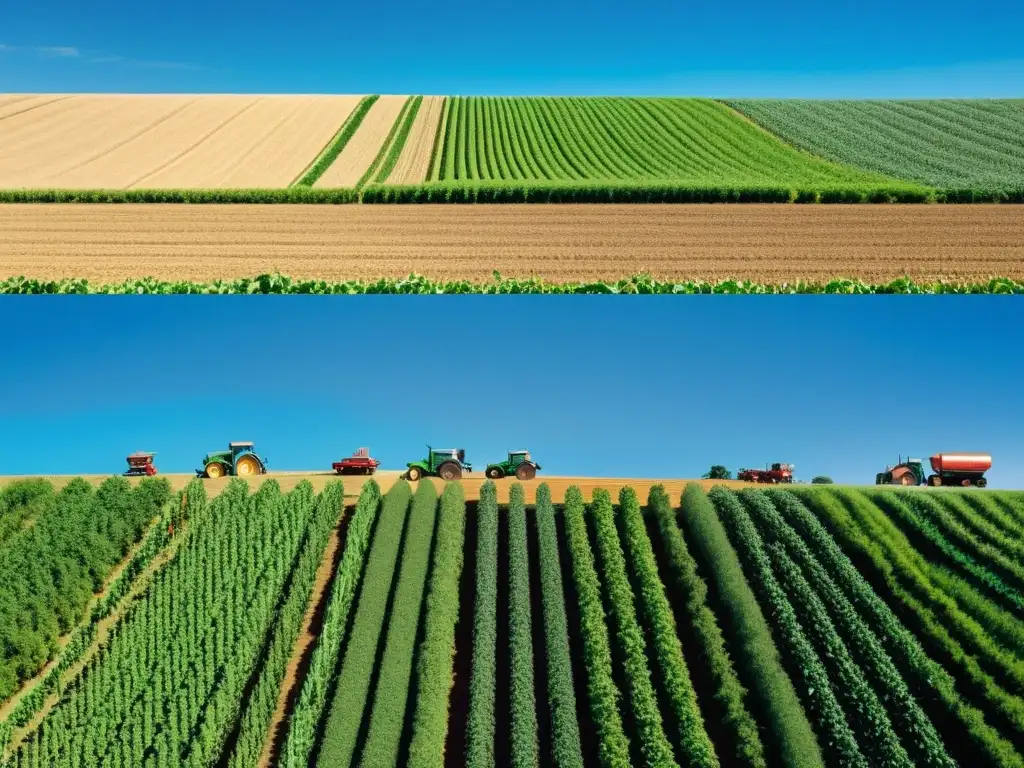 Diálogo en el campo: cultivos modificados y mediación Imagen de paisaje agrícola con cultivos transgénicos, agricultores en discusión