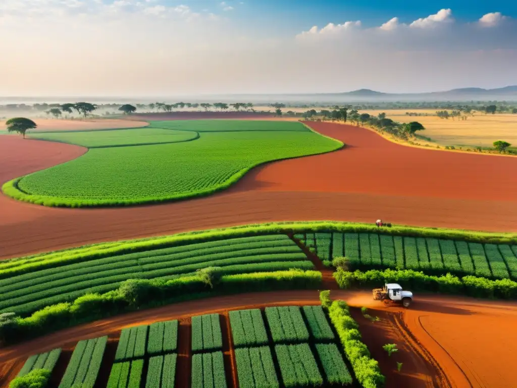 Inversión extranjera en agricultura africana: dinámicas complejas Una impactante vista de un extenso paisaje agrícola africano, con patrones de cultivos y granjeros locales