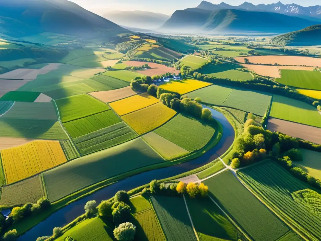 Espléndido paisaje rural al amanecer Un impresionante paisaje rural agrícola al amanecer, con campos verdes y ríos serpenteantes