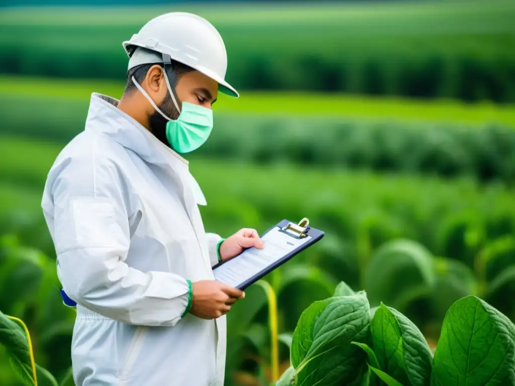 Inspección detallada de cultivos: cumplimiento normativo Un inspector gubernamental examina minuciosamente un campo de cultivos para cumplir con las normativas legales de fertilizantes y pesticidas