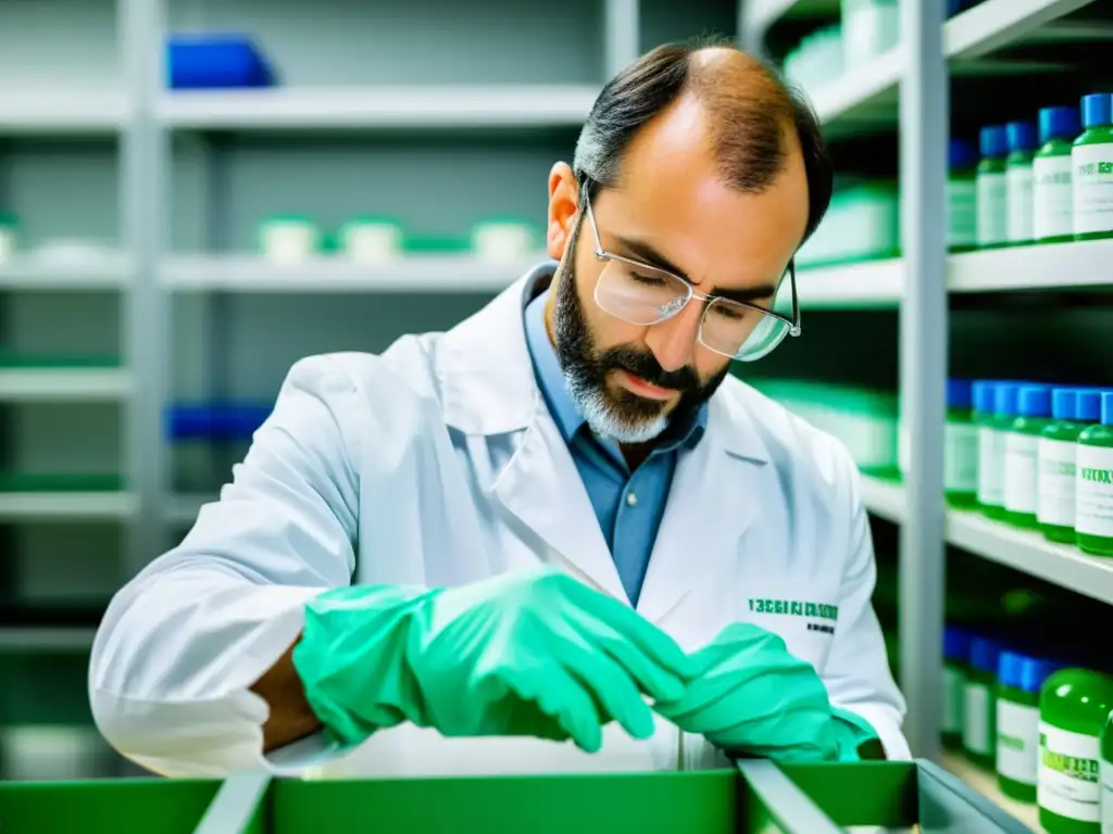 Inspección de fertilizantes: experto en laboratorio Un inspector agrícola examina muestras de fertilizantes y pesticidas en un laboratorio, cumpliendo normativas legales