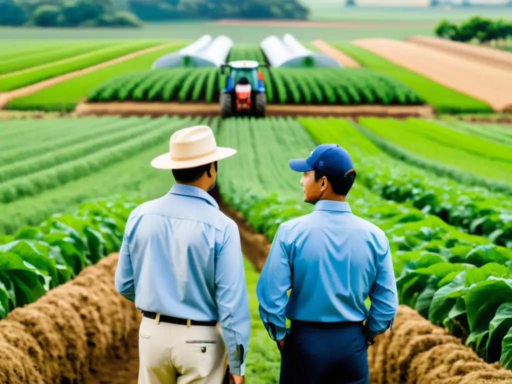 Cooperación Transfronteriza: Inspectores Agrícolas Trabajando Juntos Inspectores de ambos lados de la frontera colaboran para aplicar regulaciones transfronterizas de protección ambiental en una granja agrícola