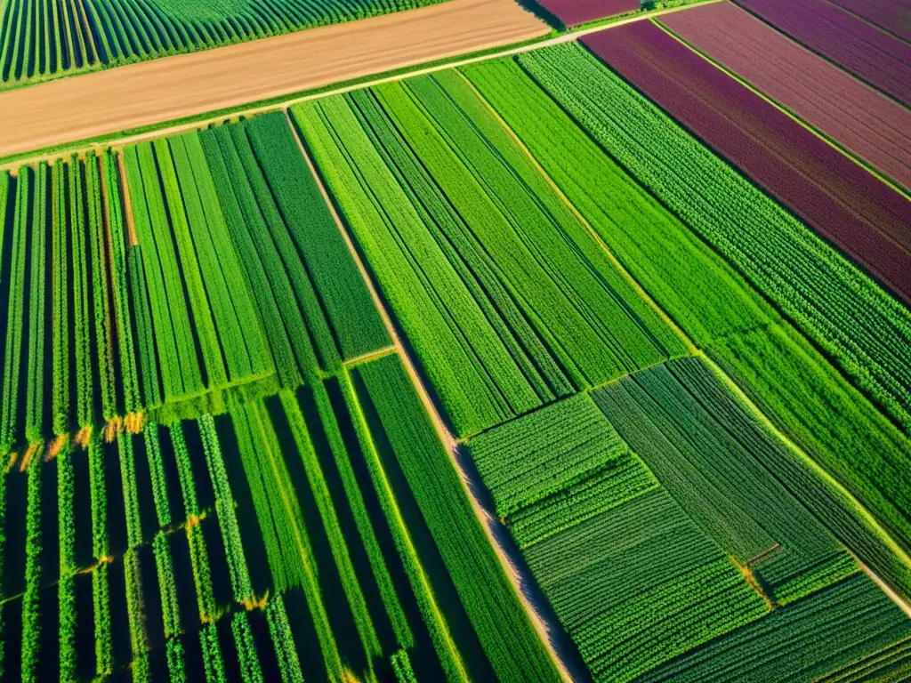 Espléndido paisaje agrícola: cultivos, trabajo y belleza Inversión participativa en agricultura: Vista aérea de exuberantes campos verdes, labores agrícolas y agricultores trabajando bajo la luz del sol