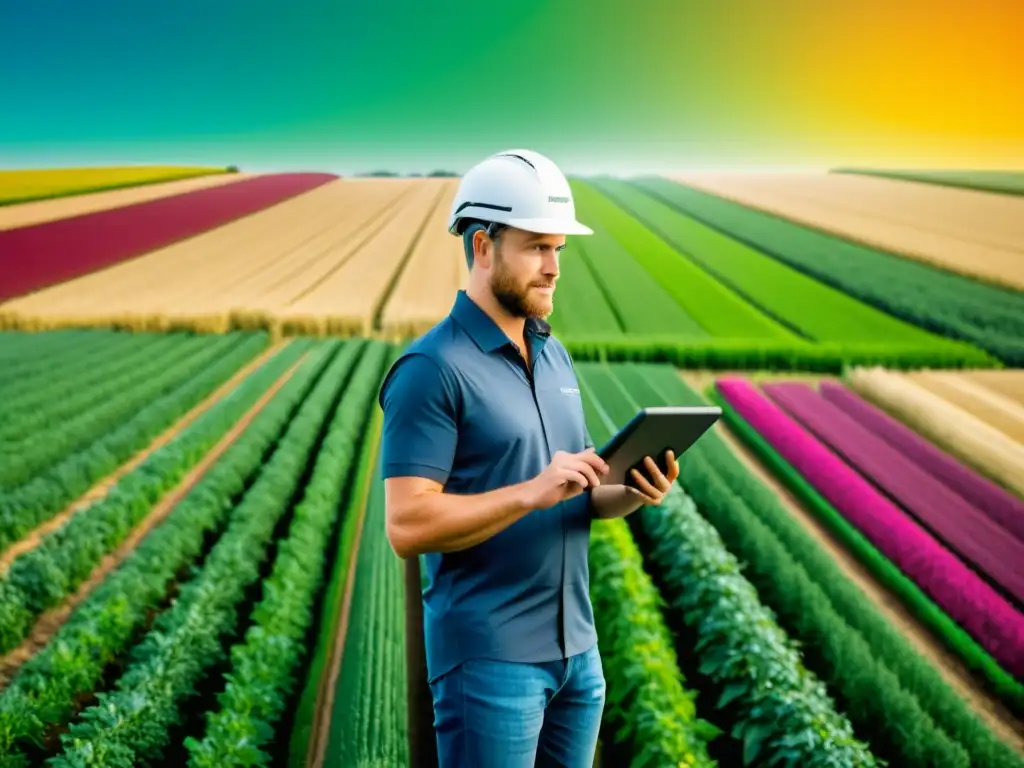 Inversor agrícola moderno maximiza cosecha con tecnología Un inversionista agrícola moderno utiliza tecnología avanzada para monitorear el crecimiento de los cultivos y maximizar el retorno de la inversión