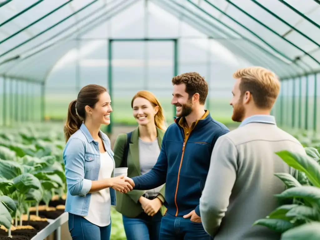Jóvenes agricultores y mentores en invernadero moderno Jóvenes agricultores y mentores se reúnen en un invernadero moderno para intercambiar ideas