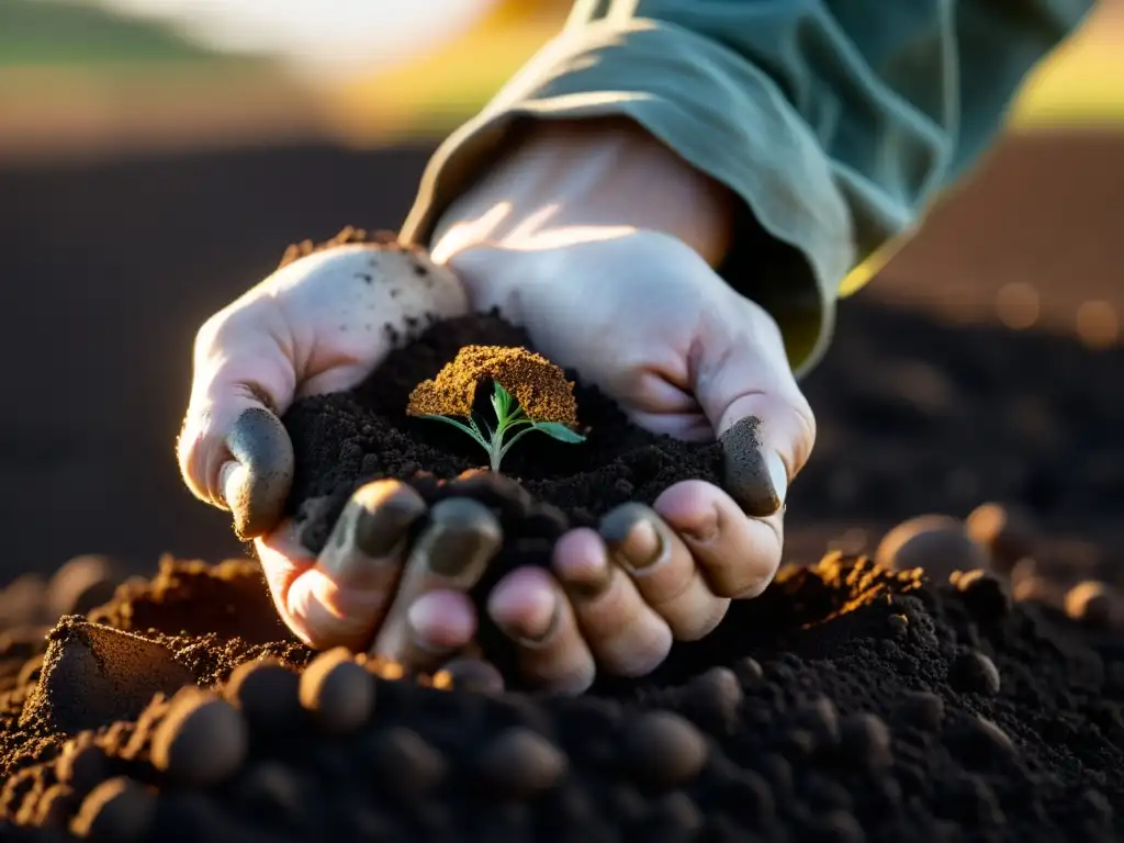 Mano trabajadora sosteniendo tierra fértil bajo el sol Una mano arrugada sostiene tierra fértil bajo el sol dorado