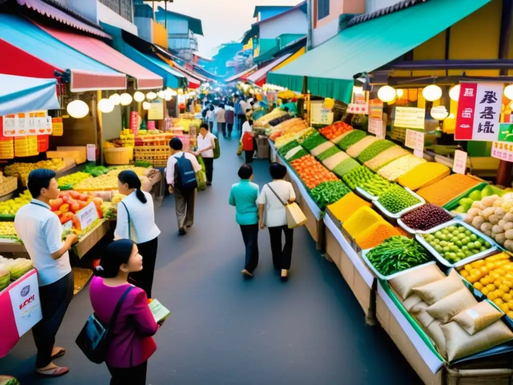 Mercado asiático: etiquetado nutricional internacional Mercado bullicioso en Asia con alimentos etiquetados según normativa internacional, reflejando la diversidad y dinamismo del comercio asiático