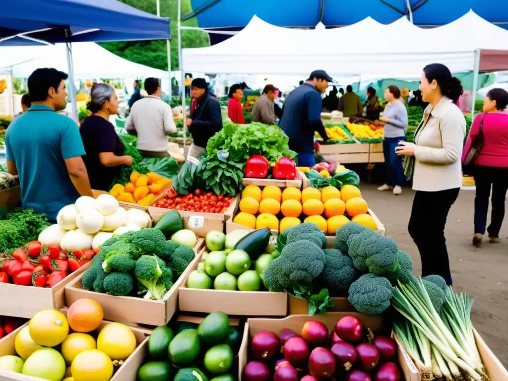 Mercado orgánico vibrante: productos locales y colores cautivadores Un mercado bullicioso con puestos de frutas y verduras orgánicas