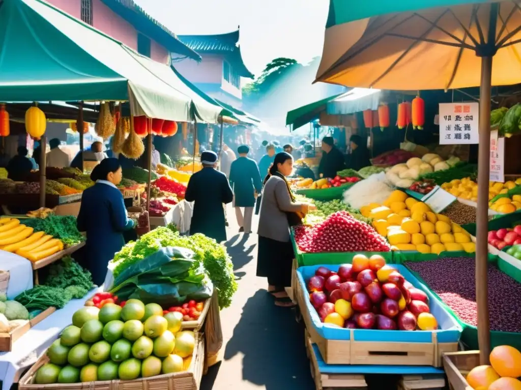 Mercado bullicioso de Asia: una explosión de colores, aromas y cultura Mercado bullicioso en Asia con vendedores ofreciendo una colorida variedad de frutas, verduras y especias