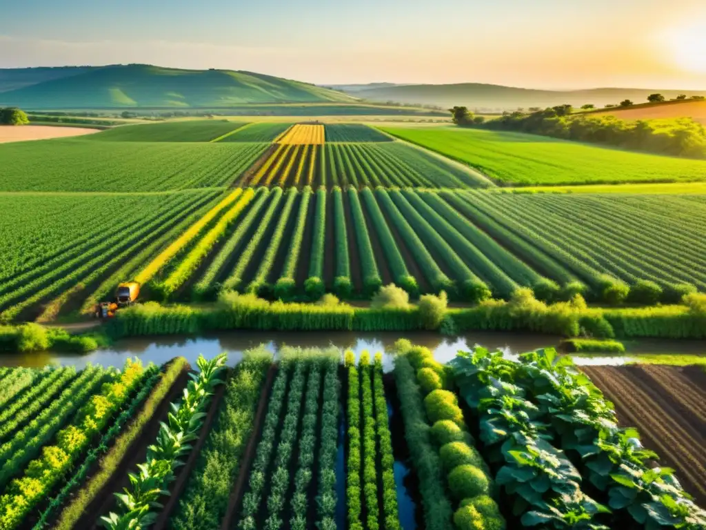 Esplendor agrícola al atardecer: cosechas vibrantes y trabajo dedicado Un paisaje agrícola exuberante con cultivos vibrantes y agricultores trabajando