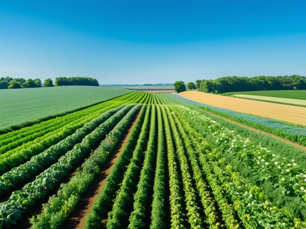 Armonía agrícola: cultivos y naturaleza en equilibrio Un paisaje agrícola exuberante y detallado, donde se equilibran la agricultura sostenible y la preservación del ecosistema