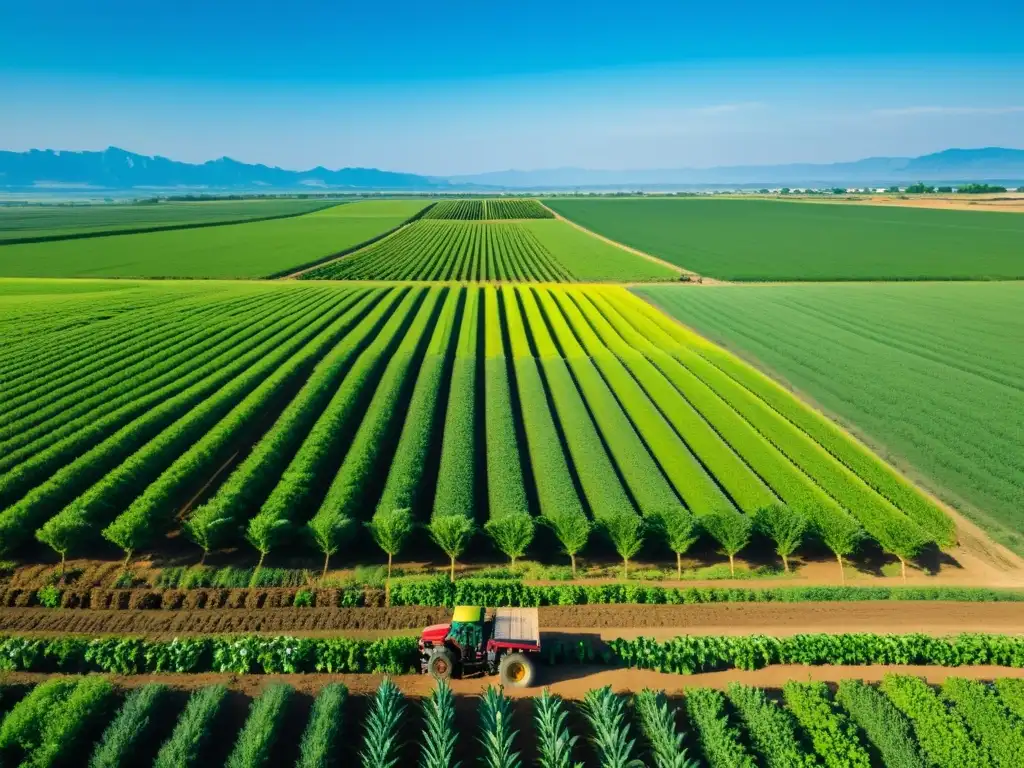 Trabajo duro en la tierra: Agricultura vibrante bajo el sol Un paisaje agrícola exuberante y vasto con agricultores trabajando en campos, destacando la dedicación a la tierra