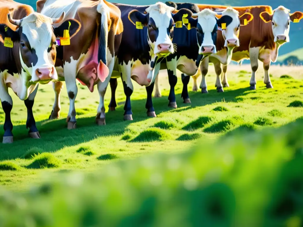 Pastoreo matutino: diversidad y vitalidad bovina Un paisaje impresionante de ganado sano pastando en una pradera verde, bañado por la suave luz dorada del amanecer