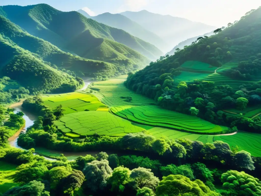Biodiversidad en la naturaleza asiática: un paisaje rural armonioso Un paisaje rural asiático exuberante y vibrante con colinas verdes, bosques densos y un río serpenteante, teñido de diversa flora y fauna