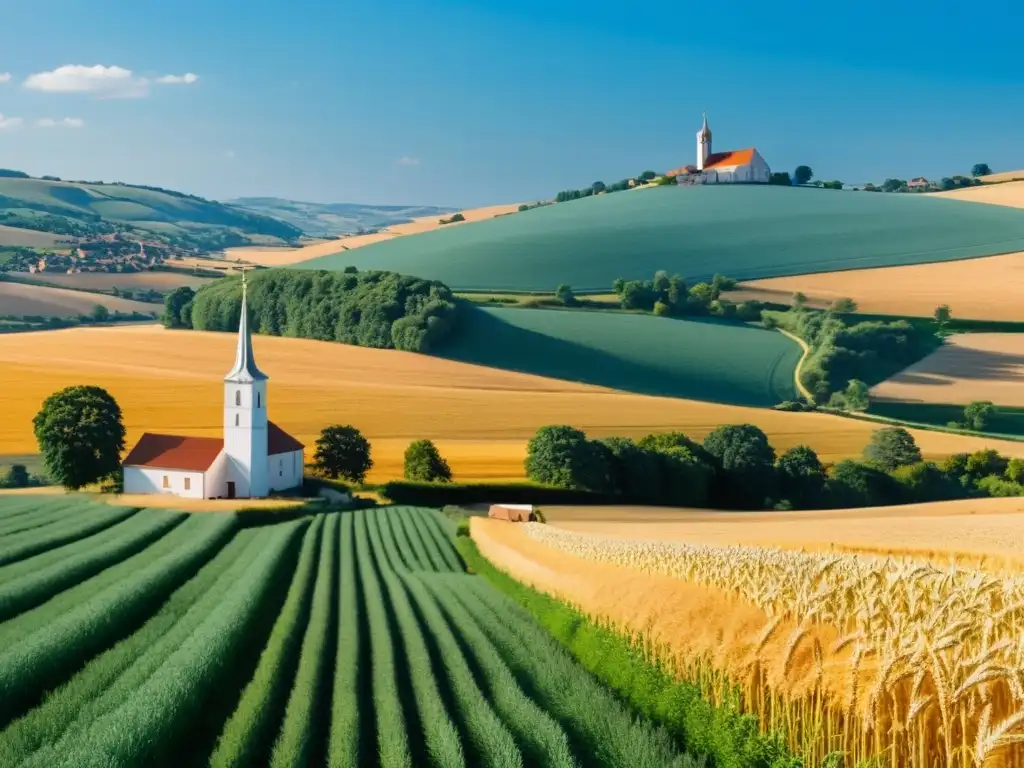 Tranquilidad dorada: aldeas y campos de trigo bajo el sol Un paisaje rural bañado por la cálida luz del sol, con campos dorados y un tranquilo pueblo