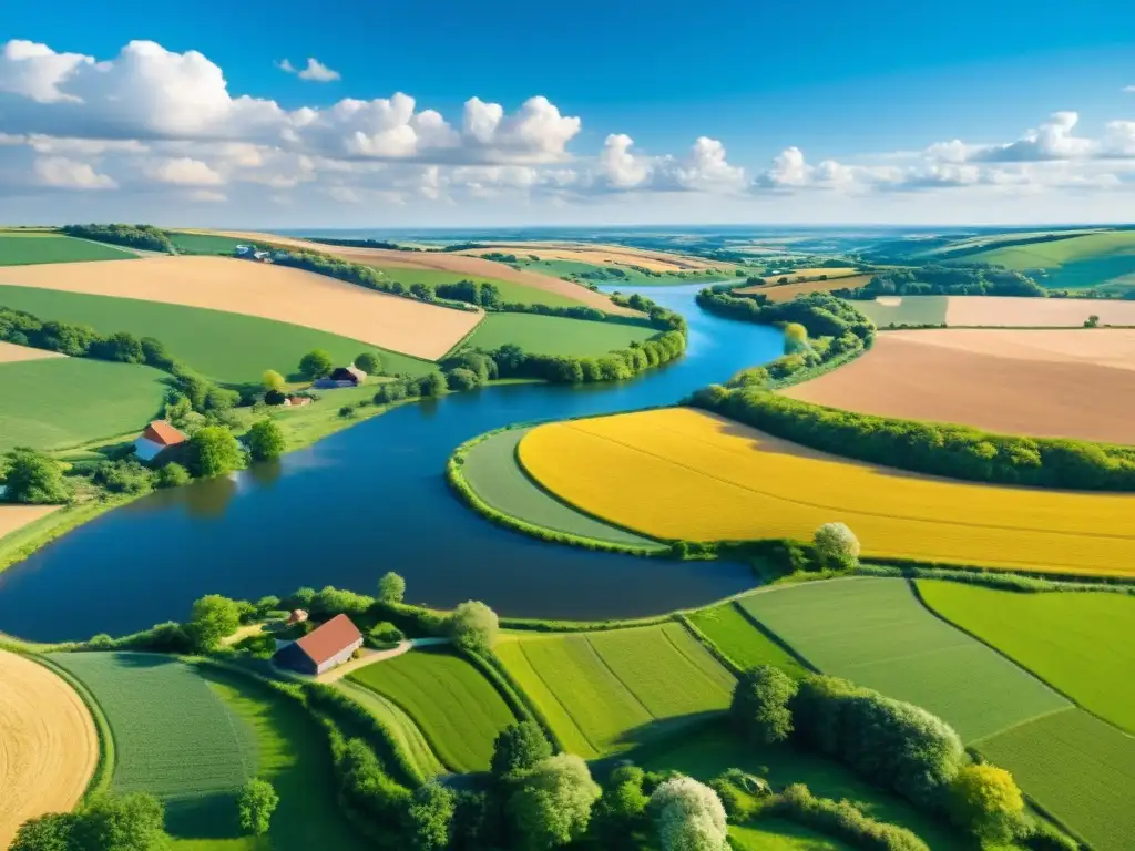 Campo rural con tecnología GIS Un paisaje rural con colinas onduladas y campos que se extienden hasta el horizonte, salpicados de pequeñas casas de campo y graneros