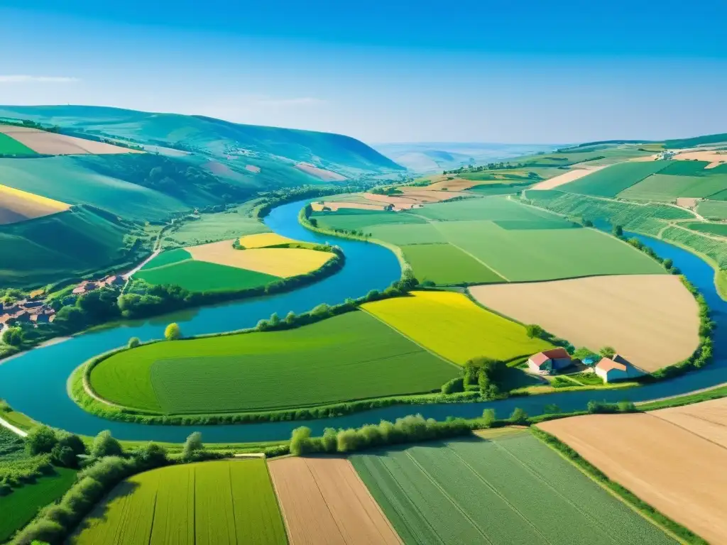 Armonía rural: sol, granjas y molinos eólicos Un paisaje rural con colinas verdes, río serpenteante y cielo azul