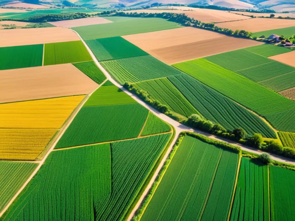 Vista aérea de paisaje agrícola rural Un paisaje rural con colinas verdes, campos de cultivo y granjas dispersas