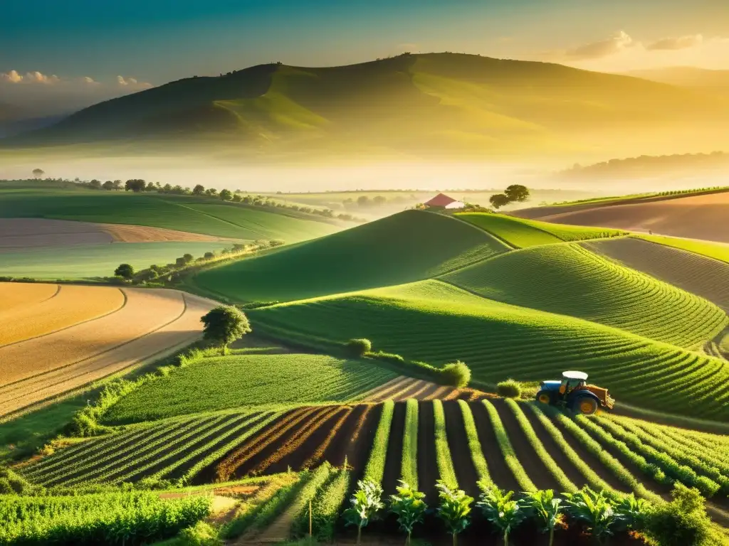 Esplendor rural: Trabajo agrícola en campos verdes Un paisaje rural de cultivos verdes extensos con agricultores trabajando